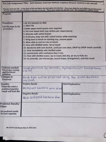 Answered: Pre-Lab Assignment Title: Ziehl-Neelsen…