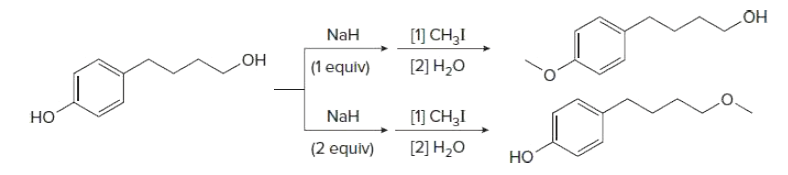 [1] CH3I
[2] H,O
NaH
HO
|(1 equiv)
HO
но
[1] CH,I
NaH
(2 equiv)
[2] H,O
но
