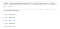 11. A study compared five different methods for teaching descriptive statistics. The five methods were traditional lecture and
discussion, programmed textbook instruction, programmed text with lectures, computer instruction, and computer
instruction with lectures. 45 students were randomly assigned, 9 to each method. After completing the course, students
took a 1-hour exam.
Which of the following is the correct degrees of freedom for an F-test for evaluating if the average test scores are different
for the different teaching methods?
dfg = 4, dff = 40
dfg = 5, dfg = 45
dfg = 40, dfE
4
dfG = 4, dfE = 44
dfg = 45, dfE = 4
