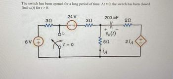 The switch has been opened for a long period of time. At t=0, the switch has been closed.
find vo(t) for t > 0.
6V
ΒΩ
www
84
24V
I = 0
3Ω
ww
200 mF
Η
+
vo(1)
6Ω
ΤΑ
2Ω
ww
21Α