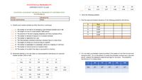 STATISTICS & PROBABILITY
OPPORTUNITY CLASS
25
26
27
28
29
P(x)
0,13
0,27
0,28
0,18
0.14
CHAPTER 1: RANDOM VARIABLES & PROBABILITY DISTRIBUTION
STATWORK #1
C. Solve the following problems.
Name:
Student No.
Grade and Section:
Date:
1. Find the mean and standard deviation of the following probability distribution.
A, Classify each random variable as either discrete or continuous,
P(x)
1
0.15
1. The number of arrivals at an emergency room between midnight and 6 AM.
2. The weight of a box of cereal labeled "1818 ounces."
0.30
5
0.25
3. The duration of the next outgoing telephone call from a business office.
4. The number of kernels of popcorn in a 11-pound container.
5. The number of applicants for a job.
6. The time between customers entering a checkout lane at a retail store.
7. The weight of refuse on a truck arriving at a landfill,
8. The number of passengers in a passenger vehicle on a highway at rush hour,
9. The number of clerical errors on a medical chart.
7
0.30
10. The number of accident-free days in one month at a factory.
2. At a car wash, an attendant is paid according to the number of cars that are serviced
during his shift. If X is the amount of income the attendant receives aver a two-hour
period, compute the employee's expected earnings for two hours. The probability
distribution of X is shown below:
B. Determine whether or not the table is a valid probability distribution of a discrete
random variable, (VES or NO)
-2
2
4
P(x)
0.3
0.5
0.2
0.1
50
75
100
125
150
1,1
25
4,1
4.6
5.3
P(x)
1/7
2/7
2/7
1/7
1/7
P(x)
0,16
0,14
011
0.27
0,22
0.5
0,25
0,25
P(x)
-0.4
0.5
0.1
|
