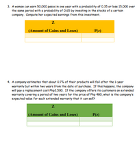 3. A woman can earn 50,000 pesos in one year with a probability of 0.35 or lose 15,000 over
the same period with a probability of 0,65 by investing in the stocks of a certain
company, Compute her expected earnings from this investment.
(Amount of Gains and Loses)
P(z)
4. A company estimates that about 0,7% of their products will fail after the 1-year
warranty but within two years from the date of purchase, If this happens, the company
will pay a replacement cost Php3,500, If the company offers its customers an extended
warranty covering a period of two years for the price of Php 480, what is the company's
expected value for each extended warranty that it can sell?
(Amount of Gains and Loses)
P(z)
