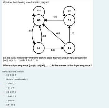 Consider the following state transition diagram
Wählen Sie eine Antwort:
000001
None of these is correct
Ⓒ100001
Ⓒ101001
Ⓒ000010
Ⓒ100000
Ⓒ100101
1/0
011110
0/1
00
10
0/1
0/1
1/0
0/1
Let the state, indicated by 00 be the starting state. Now assume an input sequence of
(in(t), in(t+1)) (0, 1, 0, 0, 1, 1).
Which output sequence (out(t), out(t+1)....) is the answer to this input sequence?
1/0
01
1/0
11