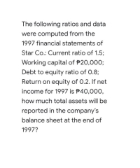 Return on équity of U.2. It net
income for 1997 is P40,000,
how much total assets will be
reported in the company's
balance sheet at the end of
1997?
