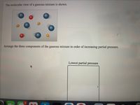 The molecular view of a gaseous mixture is shown.
Arrange the three components of the gaseous mixture in order of increasing partial pressure.
Lowest partial pressure
