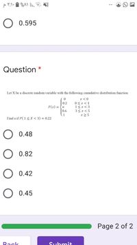 %A)
0.595
Question *
Let X be a discrete random variable with the following cumulative distribution function
x< 0
0.2
F(x) = {a
|0.6
0<x<1
15x<3
3<x< 5
1
x 25
Find a if P( 1<X < 3) = 0.22
0.48
0.82
0.42
O 0.45
Page 2 of 2
Back
Submit
