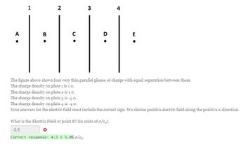 A.
A
1
B
2
U.
3
4
E
The figure above shows four very thin parallel planes of charge with equal separation between them.
The charge density on plate 1 is 1 0.
What is the Electric Field at point B? (in units of σ/ɛ0)
-3.5
Correct response: 4.5+ 5.0% 0/€0
The charge density on plate 2 is 1 0.
The charge density on plate 3 is -5 0.
The charge density on plate 4 is -4 0.
Your answers for the electric field must include the correct sign. We choose positive electric field along the positive x-direction.