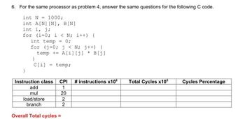 6. For the same processor as problem 4, answer the same questions for the following C code.
int N 1000;
int A[N] [N], B[N]
int i, j;
for (i=0; i< N; i++) {
int temp = 0;
for (j=0; j < N; j++) {
temp += A[i][j] B[j]
}
C[i] = temp;
Instruction class CPI #instructions x106
1
20
2
2
add
mul
load/store
branch
Overall Total cycles =
Total Cycles x10€
Cycles Percentage