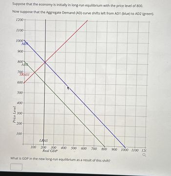 Suppose that the economy is initially in long-run equilibrium with the price level of 800.
Now suppose that the Aggregate Demand (AD) curve shifts left from AD1 (blue) to AD2 (green).
Price Level
1200+
1100
1000
ADX
900-
800
AD
700-
SRASI
600*
500
400
300
200
100
LRAS
200 300 400 500 600 700 800 900
Real GDP
What is GDP in the new long-run equilibrium as a result of this shift?
100
1000 1100 120