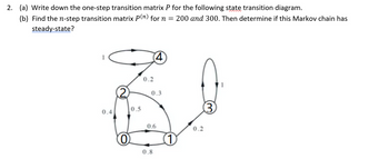 2. (a) Write down the one-step transition matrix P for the following state transition diagram.
(b) Find the n-step transition matrix P(¹) for n = 200 and 300. Then determine if this Markov chain has
steady-state?
0.4
2
0
0.5
0.2
(4)
0.3
0.6
0.8
1
0.2
3