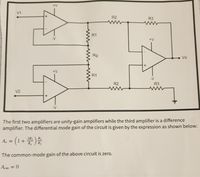 V1
R2
R3
R1
+V
Rg
Vo
R1
-V
R2
R3
V2
-V
The first two amplifiers are unity-gain amplifiers while the third amplifier is a difference
amplifier. The differential mode gain of the circuit is given by the expression as shown below:
2R1
1 +
RE
R3
Ay =
R2
The common-mode gain of the above circuit is zero.
Acm
%3D
