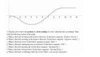 10
11
12
3. The plot above shows the position vs. clock reading of a body. Label the axes accordingly. Then
label the following regions of the graph.
a. When is the body traveling in the positive direction? (Label those segments "Positive velocity.")
b. When is the body traveling in the negative direction? (Label those segments "Negative velocity.")
c. When is the body at rest? (Label those segments or points "Rest.")
d. When is the body undergoing zero acceleration? (Label those segments "UM.")
e. When is the body speeding up? (Label those segments "Speeding Up.")
f. When is the body slowing down? (Label those segments "Slowing Down.")
g. When is the body accelerating while also at rest? Draw a star on any such point/s.
