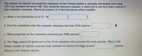 The amount of calories consumed by customers at the Chinese buffet is normally distributed with mean
2781 and standard deviation 500. One randomly selected customer is observed to see how many calories X
that customer consumes. Round all answers to 4 decimal places where possible.
a. What is the distribution of X? X N(
b. Find the probability that the customer consumes less than 2516 calories.
c. What proportion of the customers consume over 2908 calories?
d. The Piggy award will given out to the 1% of customers who consume the most calories. What is the
fewest number of calories a person must consume to receive the Piggy award?
calories.
(Round to the nearest calorie)
