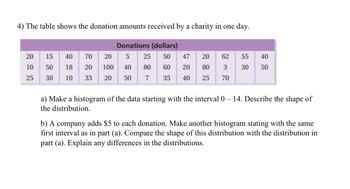 4) The table shows the donation amounts received by a charity in one day.
Donations (dollars)
20
10
25
15 40 70
50
18
30 10
20 5
20 100 40
33 20 50
25 50 47 20 62 55
60 20
3 30
35 40
80
80
25 70
7
40
50
a) Make a histogram of the data starting with the interval 0- 14. Describe the shape of
the distribution.
b) A company adds $5 to each donation. Make another histogram stating with the same
first interval as in part (a). Compare the shape of this distribution with the distribution in
part (a). Explain any differences in the distributions.