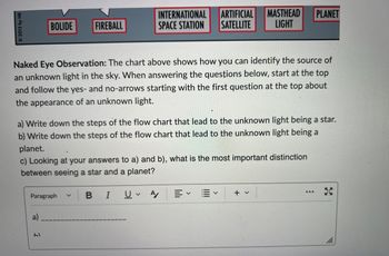 © 2013 by HK
BOLIDE
FIREBALL
Naked Eye Observation: The chart above shows how you can identify the source of
an unknown light in the sky. When answering the questions below, start at the top
and follow the yes- and no-arrows starting with the first question at the top about
the appearance of an unknown light.
61
INTERNATIONAL
SPACE STATION
a) Write down the steps of the flow chart that lead to the unknown light being a star.
b) Write down the steps of the flow chart that lead to the unknown light being a
planet.
Paragraph B I U✓ A
a) __
c) Looking at your answers to a) and b), what is the most important distinction
between seeing a star and a planet?
V
ARTIFICIAL MASTHEAD PLANET
SATELLITE LIGHT
=✓ ✓
+ ✓
:Ĺ
33
11.