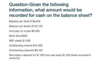 Question-Given the following
information, what amount would be
recorded for cash on the balance sheet?
Balance per bank $ 98,500
Balance per books $103,150
Auto pay on a loan $9,400
Bank fees $350
NSF check $1,200
Outstanding checks $14,200
Outstanding deposits $8,100
Recorded a deposit for $1,000 that was really $1,200 (bank recorded it
correctly)