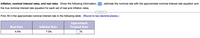 Inflation, nominal interest rates, and real rates. Given the following information,
estimate the nominal rate with the approximate nominal interest rate equation and
the true nominal interest rate equation for each set of real and inflation rates.
.....
First, fill in the approximate nominal interest rate in the following table: (Round to two decimal places.)
Approximate
Real Rate
Inflation Rate
Nominal Rate
4.5%
7.0%
%
