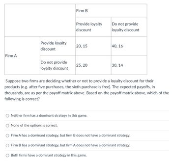 Firm B
Provide loyalty
Do not provide
discount
loyalty discount
Provide loyalty
discount
20, 15
40, 16
Firm A
Do not provide
25, 20
30, 14
loyalty discount
Suppose two firms are deciding whether or not to provide a loyalty discount for their
products (e.g. after five purchases, the sixth purchase is free). The expected payoffs, in
thousands, are as per the payoff matrix above. Based on the payoff matrix above, which of the
following is correct?
Neither firm has a dominant strategy in this game.
None of the options is correct.
Firm A has a dominant strategy, but firm B does not have a dominant strategy.
Firm B has a dominant strategy, but firm A does not have a dominant strategy.
Both firms have a dominant strategy in this game.