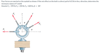 Four forces are exerted on the eyebolt as shown. If the net effect on the bolt is a direct pull of 615 Ib in the y-direction, determine the
necessary values of T and 0.
Assume F1 = 395 lb, F2 = 250 lb, F3 = 420 lb, p = 34°.
T
F,
F,
