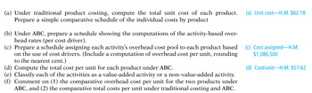 (a) Under traditional product costing, compute the total unit cost of each product.
Prepare a simple comparative schedule of the individual costs by product
(b) Under ABC, prepare a schedule showing the computations of the activity-based over-
head rates (per cost driver).
(c) Prepare a schedule assigning each activity's overhead cost pool to each product based
on the use of cost drivers. (Include a computation of overhead cost per unit, rounding
to the nearest cent.)
(d) Compute the total cost per unit for each product under ABC.
(e) Classify each of the activities as a value-added activity or a non-value-added activity.
(f) Comment on (1) the comparative overhead cost per unit for the two products under
ABC, and (2) the comparative total costs per unit under traditional costing and ABC.
(a) Unit cost-H.M. $62.18
(c) Cost assigned-H.M.
$1,086,500
(d) Cost/unit-H.M. $57.62