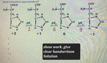 N
CH
What is histidine's approximate pl?
+
COOH
H3N-CH
CH2 H
-N
長
CH
+
COO
COO
H3N-CH
H3N-CH
CH₂ H
CH2 H
COO-
၄၀၀
H₂N-CH
CH₂ H
N
N
CH
CH
pK₁
PKR
pK₂
2
H
6
9
+2
+1
0
1
24
6
7.5
9
show work. give
clear handwritten
Solution