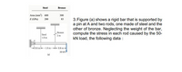 Steel
Bronze
Area (mm) 600
300
3. Figure (a) shows a rigid bar that is supported by
a pin at A and two rods, one made of steel and the
other of bronze. Neglecting the weight of the bar,
compute the stress in each rod caused by the 50-
kN load, the following data :
E (GPa)
200
83
Bronze
Steel
2 m
1.0 m
10.6 m 1.0 m-
0.8 m
50 kN
(a)
