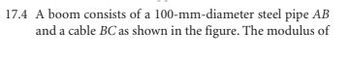 17.4 A boom consists of a 100-mm-diameter steel pipe AB
and a cable BC as shown in the figure. The modulus of