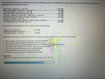The following financial information about the manufacturing plant of Continental Company for the year-to-date and the month of July
appears on the company's records:
Materials inventory, June 30
Work-in-process inventory, June 30
Finished goods inventory, June 30
Cost of goods sold through June 30
Accounts payable (materials suppliers), June 30
Manufacturing overhead through June 30
Payroll payable, June 30
Withholding and other payroll liabilities, June 30
Overhead applied through June 30
A count of the inventories on hand July 31 shows the following:
$ 42,500
?
40,000
Materials inventory
Work-in-process inventory
Finished goods inventory
Interviews with various plant administrative employees August 1 reveal some additional information:
• The company currently owes materials suppliers $52,600.
• The company paid suppliers $38,800 cash during July.
• Plant payroll during July totaled $82,500, of which $16,300 was for indirect labor.
• Manufacturing overhead incurred through July was $223,900.
• Cost of goods sold through July 31 was $405,800.
Indirect materials cost during July was $2,900.
• Overhead during July was underapplied by $2,100.
Required:
Determine the balance of the Work-in-Process Inventory on July 31.
$ 56,000
86,500
37,000
357,900
22,900
191,800
Ending balance of work-in-process inventory on July 31
0
12,400
180,900
Nort