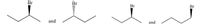 The image shows two pairs of molecular structures, each illustrating different conformations of brominated alkanes.

**First Pair:**
- The first structure shows a bromine (Br) atom attached to a chiral center of an alkane, with the Br atom depicted using a solid wedge. This indicates the Br is coming out of the plane towards the viewer.
- The second structure has the Br atom attached to a similar chiral center, but it is represented with a dashed wedge, indicating the Br is going behind the plane, away from the viewer.
- The "and" between them signifies these are enantiomers, mirror-image isomers of each other.

**Second Pair:**
- The third structure shows a bromine (Br) atom on an ethane-like backbone with the Br on a solid wedge, indicating it is coming out of the plane towards the viewer.
- The fourth structure again shows a similar atom and structure, with an identical geometric placement of the Br.
- The "and" between these indicates these are conformational isomers, likely showing different rotations around a single bond.

These diagrams are useful in chemistry for understanding stereochemistry and the 3D arrangement of atoms in molecules.