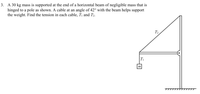 3. A 30 kg mass is supported at the end of a horizontal beam of negligible mass that is
hinged to a pole as shown. A cable at an angle of 42° with the beam helps support
the weight. Find the tension in each cable, T1 and T,.
T2
T1
m
