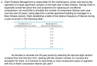 2. Clark Property Management is responsible for the maintenance, rental, and day-to-day
operation of a large apartment complex on the east side of New Orleans. George Clark is
especially concerned about the cost projections for replacing air conditioner
compressors. He would like to simulate the number of compressor failures each year
over the next 20 years. Using data from a similar apartment building he manages in a
New Orleans suburb, Clark establishes a table of the relative frequency of failures during
a year as shown in the following table:
NUMBER OF A.C.
PROBABILITY
COMPRESSOR FAILURES
(RELATIVE FREQUENCY)
0.06
0.13
0.25
0.28
4
0.20
5
0.07
0.01
He decides to simulate the 20-year period by selecting the last two-digit random
numbers from the first line (101), starting with the random number 23. Conduct the
simulation for Clark. Is it common to have three or more consecutive years of operation
with two or fewer compressor failures per year?
