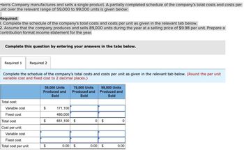 Harris Company manufactures and sells a single product. A partially completed schedule of the company's total costs and costs per
unit over the relevant range of 59,000 to 99,000 units is given below:
Required:
1. Complete the schedule of the company's total costs and costs per unit as given in the relevant tab below.
2. Assume that the company produces and sells 89,000 units during the year at a selling price of $9.98 per unit. Prepare a
contribution format income statement for the year.
Complete this question by entering your answers in the tabs below.
Required 1 Required 2
Complete the schedule of the company's total costs and costs per unit as given in the relevant tab below. (Round the per unit
variable cost and fixed cost to 2 decimal places.)
Total cost:
Variable cost
Fixed cost
Total cost
Cost per unit:
Variable cost
Fixed cost
Total cost per unit
59,000 Units
Produced and
Sold
$
$
$
79,000 Units
Produced and
Sold
171,100
480,000
651,100 $
0.00 $
99,000 Units
Produced and
Sold
0 $
0.00
$
0
0.00