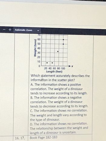 + Automatic Zoom
Weight (tons)
70
60
50
40
30
ROSA200
16, 17,
10
20 40 60 80 100
Length (feet)
X4
Which statement accurately describes the
information in the scatter plot?
A. The information shows a positive
correlation. The weight of a dinosaur
tends to increase according to its length.
B. The information shows a negative
correlation. The weight of a dinosaur
tends to decrease according to its length.
C. The information shows no correlation.
The weight and length vary according to
the type of dinosaur.
D. The information shows no correlation.
The relationship between the weight and
length of a dinosaur is uncertain.
Book Page 182-183