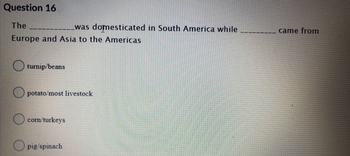 Question 16
The
Europe and Asia to the Americas
turnip/beans
potato/most livestock
corn/turkeys
was domesticated in South America while
pig/spinach
came from