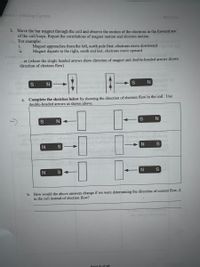 Physics-Inducing Current
WCLN.ca
3. Move the bar magnet through the coil and observe the motion of the electrons in the forward arc
of the coil loops. Report the correlations of magnet motion and electron motion.
For example:
i.
Magnet approaches from the left, north pole first; electrons move downward sds t
Magnet departs to the right, south end last; electrons move upward
ii.
ovods b
...or (where the single headed arrows show direction of magnet and double-headed arrows shows
direction of electron flow)
a. Complete the sketches below by showing the direction of electron flow in the coil. Use
double-headed arrows as shown above.
N
wolsd
deb
oto
b. How would the above answers change if we were determining the direction of current flow, I,
in the coil instead of electron flow?
Rage 5 of 10
