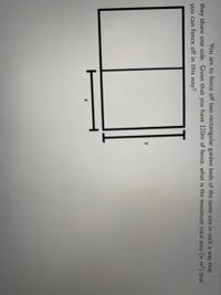 **Title: Maximizing Area with Limited Fencing**

**Problem Description:**

You are tasked with fencing off two rectangular garden beds of the same size such that they share one side. Given that you have 120 meters of fencing, what is the maximum total area (in square meters) that you can fence off in this way?

**Diagram Explanation:**

The diagram shows two rectangles laid out side by side, sharing a common side. The length of the shared side is denoted as \( x \), and the width of each rectangle is denoted as \( y \).

The fencing requirements include:
- Two widths (\( 2y \))
- Two lengths (\( x \))
- One additional dividing length (\( x \))

The total length of the fencing used is given by the formula:
\[ 3x + 2y = 120 \]

The total area \( A \) of the two rectangles, which needs to be maximized, can be expressed as:
\[ A = 2xy \]

**Objective:**

Find the optimal values for \( x \) and \( y \) that maximize the total area \( A \) under the constraint of the available fencing.