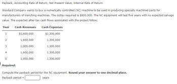 Payback, Accounting Rate of Return, Net Present Value, Internal Rate of Return
Woodard Company wants to buy a numerically controlled (NC) machine to be used in producing specially machined parts for
manufacturers of trenching machines. The outlay required is $800,000. The NC equipment will last five years with no expected salvage
value. The expected after-tax cash flows associated with the project follow:
Year Cash Revenues Cash Expenses
1
2
3
4
5
$1,600,000
1,600,000
1,600,000
1,600,000
1,600,000
$1,300,000
1,300,000
1,300,000
1,300,000
1,300,000
Required:
Compute the payback period for the NC equipment. Round your answer to one decimal place.
Payback period =
years