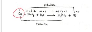 Reduction
+1 +5-2
0
+1 -2
Sn + HNO3 + H2₂0
Oxidation
+1 +4-2
+2-2
H₂S3 + NO