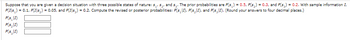 Suppose
that you are given a decision situation with three possible states of nature: 5₁, 5₂, and s. The prior probabilities are P(s) = 0.5, P(s₂) = 0.3, and P(s) = 0.2. With sample information I,
P(I|s₂) ) = 0.1, P(I|s₂) = 0.05, and P(Is) = 0.2. Compute the revised or posterior probabilities: P(s, I), P(s₂|I), and P(s. II). (Round your answers to four decimal places.)
P(s, 11)
P(S₂11)
P(s. II)