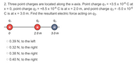 2. Three point charges are located along the x-axis. Point charge q, = +3.5 x 10-6 C at
x = 0, point charge q2 = +8.5 x 10-6 C is at x = 2.0 m, and point charge q3 = -5.0 x 10-6
C is at x = 3.0 m. Find the resultant electric force acting on q2-
91
92
93
2.0 m
3.0 m
O 0.39 N, to the left
o 0.32 N, to the right
O 0.38 N, to the right
O 0.40 N, to the right
