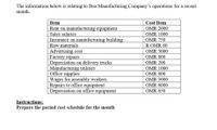 The information below is relating to Ibra Manufacturing Company's operations for a recent
month.
Item
Rent on manufacturing equipment
Sales salaries
Cost Item
OMR 2000
OMR 1000
Insurance on manufacturing building
Raw materials
| Advertising cost
Factory repairs
Depreciation on delivery trucks
Manufacturing utilities
Office supplies
Wages for assembly workers
Repairs to office equipment
| Depreciation on office equipment
OMR 750
R OMR 80
OMR 3000
OMR 800
OMR 200
OMR 1000
OMR 800
OMR 3000
OMR 6000
OMR 650
Instructions:
Prepare the period cost schedule for the month
