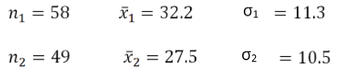 nı =
58
n2 = 49
xı = 32.2
X = 275
X2
0₁ = 11.3
02
= 10.5
=