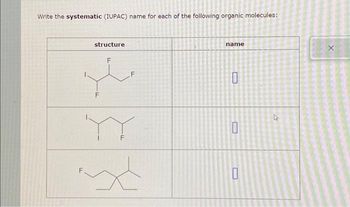 Write the systematic (IUPAC) name for each of the following organic molecules:
structure
F
gle
'YY
X
LL
name
O
277
X