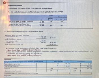 Required Information
[The following information applies to the questions displayed below.]
The first production department of Stone Incorporated reports the following for April
Beginning work in process inventory
Units started this period
Completed and transferred out
Ending work in process inventory
Conversion
Costs added this period
Direct materials
Conversion
Total costs to account for
Units
71,000
377,000
The production department had the cost Information below.
Beginning work in process inventory
Direct materials.
355,000
93,000
-Equivalent units of production
Cost per equivalent unit of production (rounded to 2 decimals)
Required b
$ 165,239
42.407
1,106,991
800-823
Required a
Cost per equivalent unit of production: Weighted average method
Costs of beginning inventory
Costs incurred this period
Total costs
Direct
Materials
Percent
Complete
65%
90%
$207,046
Percent Complete
35%
1907-814
$ 2,115,460
Conversion
a. Compute cost per equivalent unit for both direct materials and conversion.
Note: Round "Cost per EUP" to 2 decimal places.
b. Using the weighted average method, assign April's costs to the department's output-specifically, its units transferred to the next
department and its ending work in process inventory.
Note: Round "Cost per EUP" to 2 decimal places.
Costs
EUP
400
Direct Materials
$
S
105,239
1106.991
1.272 230
0
Costs
EUR
Conversion
S
$
42.407
800.823
843.230