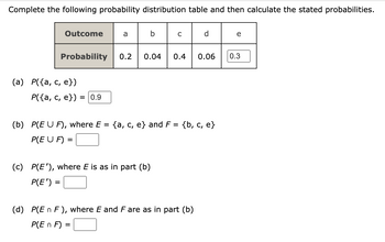 Complete the following probability distribution table and then calculate the stated probabilities.
Outcome
Probability
(a) P({a, c, e})
P({a, c, e}) = 0.9
а ab с
0.2 0.04 0.4 0.06
(b) P(EUF), where E = {a, c, e} and F = {b, c, e}
P(EU F) =
(c) P(E'), where E is as in part (b)
P(E') =
(d) P(En F), where E and F are as in part (b)
P(En F) =
e
0.3