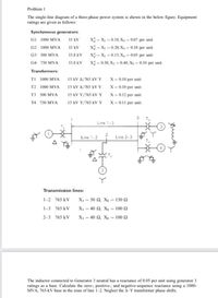 Problem 1
The single-line diagram of a three-phase power system is shown in the below figure. Equipment
ratings are given as follows:
Synchronous generators:
GI 1000 MVA
15 kV
X - X2 - 0.18, Xo = 0.07 per unit
G2 1000 MVA
15 kV
X = X = 0.20, Xo = 0.10 per unit
G3 500 MVA
13.8 kV
x = X, = 0.15, X, = 0.05 per unit
G4 750 MVA
13.8 kV
X = 0.30, X2 = 0.40, X, = 0.10 per unit
Transformers:
TI 1000 MVA
15 kV A/765 kV Y
X = 0.10 per unit
T2 1000 MVA
15 kV A/765 kVY
X= 0.10 per unit
T3 500 MVA
15 kV Y/765 kV Y
X = 0.12 per unit
T4 750 MVA
15 kV Y/765 kVY
X = 0.11 per unit
T3
Line 1-3
Line 1-2
2
Line 2-3
Transmission lines:
1-2 765 kV
X¡ = 50 Q, X, = 150 N
1-3 765 kV
X = 40 N, X, = 100 .
2-3 765 kV
X1 = 40 Q, X, = 100 N
The inductor connected to Generator 3 neutral has a reactance of 0.05 per unit using generator 3
ratings as a base. Calculate the zero-, positive-, and negative-sequence reactance using a 1000-
MVA, 765-kV base in the zone of line 1-2. Neglect the A-Y transformer phase shifts.
石。
