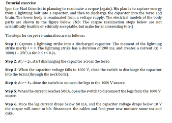 Tutorial exercise
Igor the Mad Scientist is planning to reanimate a corpse (again). His plan is to capture energy
from a lightning bolt into a capacitor, and then to discharge the capacitor into the torso and
brain. The lower body is reanimated from a voltage supply. The electrical models of the body
parts are shown in the figure below. [NB: The corpse reanimation steps below are not
scientifically feasible or ethically acceptable, but make for an interesting tute.]
The steps for corpse re-animation are as follows:
Step 1: Capture a lightning strike into a discharged capacitor. The moment of the lightning
strike marks t = 0. The lightning strike has a duration of 200 ms, and creates a current i(t) =
1000(1 - 25+²) A for 0 < t < 0.2s.
Step 2: At t=2s, start discharging the capacitor across the torso.
Step 3: When the capacitor voltage falls to 1000 V, close the switch to discharge the capacitor
into the brain (through the neck bolts).
Step 4: At t=3s, close the switch to connect the legs to the 1000 V source.
Step 5: When the current reaches 500A, open the switch to disconnect the legs from the 1000 V
source.
Step 6: Once the leg current drops below 50 mA, and the capacitor voltage drops below 10 V
the corpse will come to life. Disconnect the cables and feed your new monster some tea and
cake.
