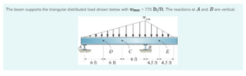 The beam supports the triangular distributed load shown below with Wmax=770 lb/ft. The reactions at A and B are vertical.
6 ft
BI
D
6 ft
C
6 ft
W
B
E
4.5 ft 4.5 ft