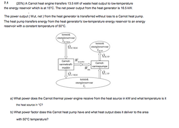 7.1
(20%) A Carnot heat engine transfers 13.5 kW of waste heat output to low-temperature
the energy reservoir which is at 15°C. The net power output from the heat generator is 16.5 kW.
The power output (Wut, net) from the heat generator is transferred without loss to a Carnot heat pump.
The heat pump transfers energy from the heat generator's low-temperature energy reservoir to an energy
reservoir with a constant temperature of 50°C.
termisk
energireservoar
Онукм
Carnot-
varmekraft-
maskin
LVKM
шлепо
termisk
termisk
energireservoar
TRYP
QH.NP
Carnot-
varmepumpe
QLVP
energireservoar
T₁
a) What power does the Carnot thermal power engine receive from the heat source in kW and what temperature is it
the heat source in "C?
b) What power factor does this Carnot heat pump have and what heat output does it deliver to the area
with 50°C temperature?