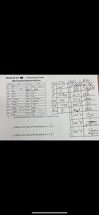 PROBLEM SET - Trigonometry Rules
Table of Standard Differential Coefficients
f(x)
S(x)
S(x)
S'(x)
nx
a* In a
(a >0)
1-1
In x
logaX
fig-f.gt
(x>0)
fCx)
sin x
cos X
sinh x
ex
cosh x
cos x
- sin x
cosh x
sinh x
Sin-'x
cos"'x
a"
tan x
secx
tanh x
sechx
- cosec xcot x
- cosech x coth x
cosec x
cosech x
Sinx COSX
secx
sec x tan x
sech x
- sech xtanh x
cot x
- cosecx
coth x
- cosech'x
COSX -Sinx
tanx
sinx
(-1<xく1)
sinhx
1
I+
1
cosx
1
And 文
coshx
Inx
loget
- 1
xlna
(-1<x< 1)
(x>1)
tanx
tanh x
1
1+
1-ズ
(-1くxく1)
a) Find the derivative of the function y = sinx + cosx.
Cotx
1.
Sec"x
b) What is the value of the derivative at x =
Csc"x
- 1
c) What is the value of the derivative at x =
ド」2
